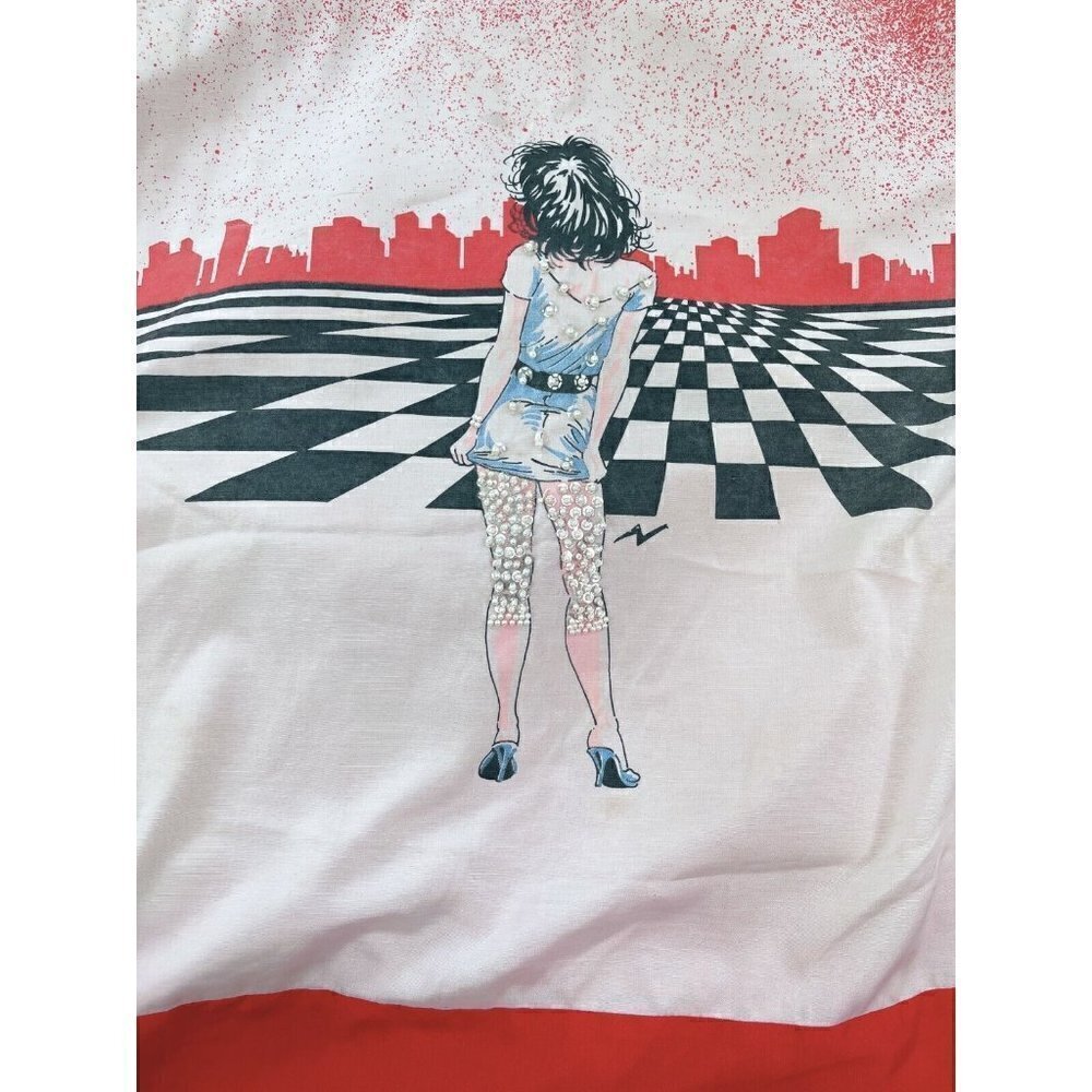 Vintage Womens Sz L Red Pearl Beaded City Fashion Checkerboard Print Top
